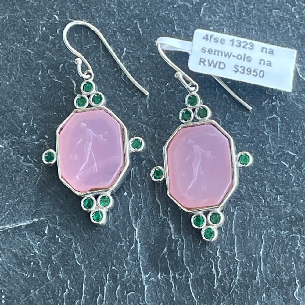 Venetian Glass intaglio Venue Aphrodite & Emerald Gemstone Earrings